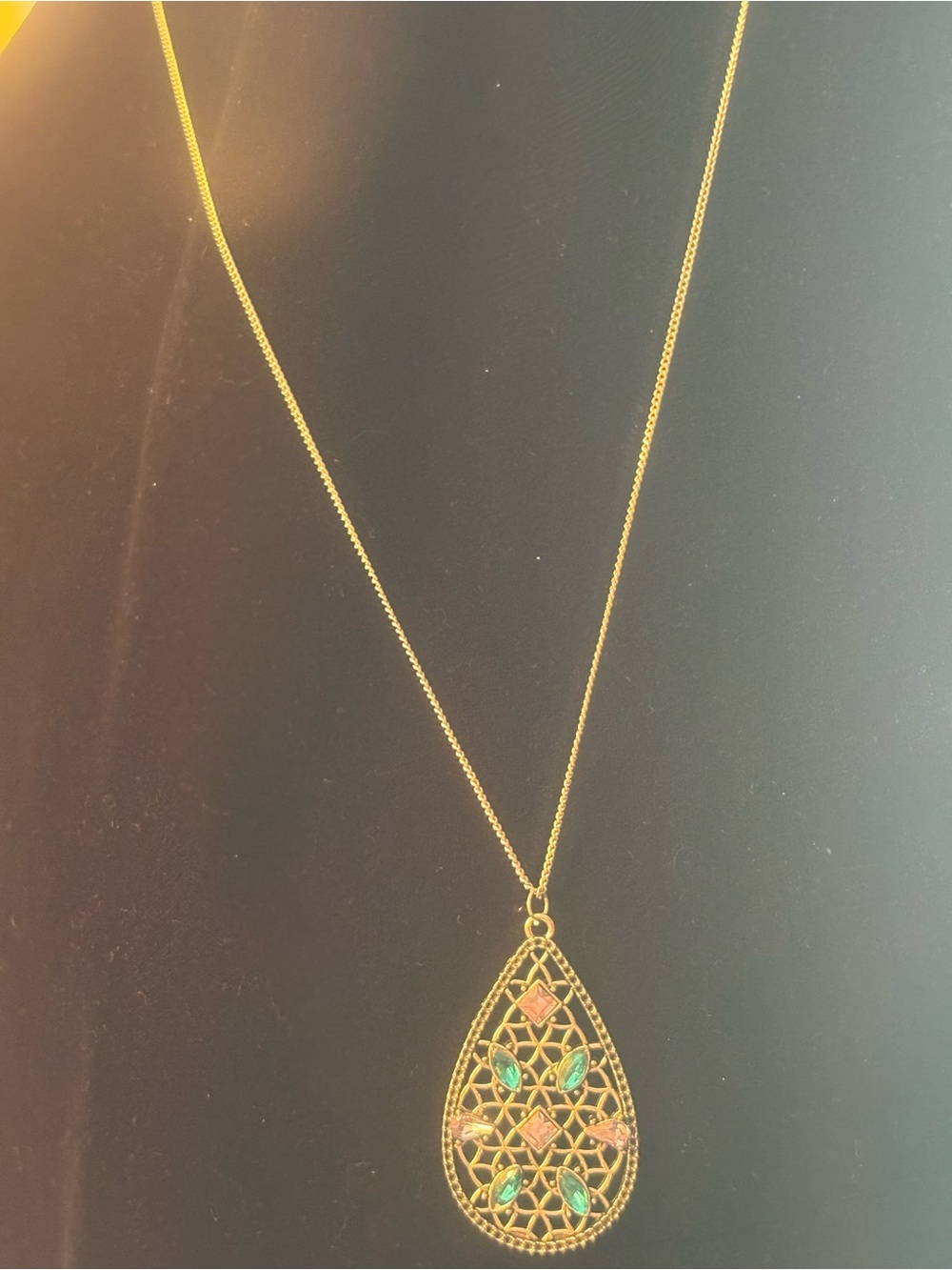 silver-Tone Teardrop Pendant Necklace with Green and Pink Accents